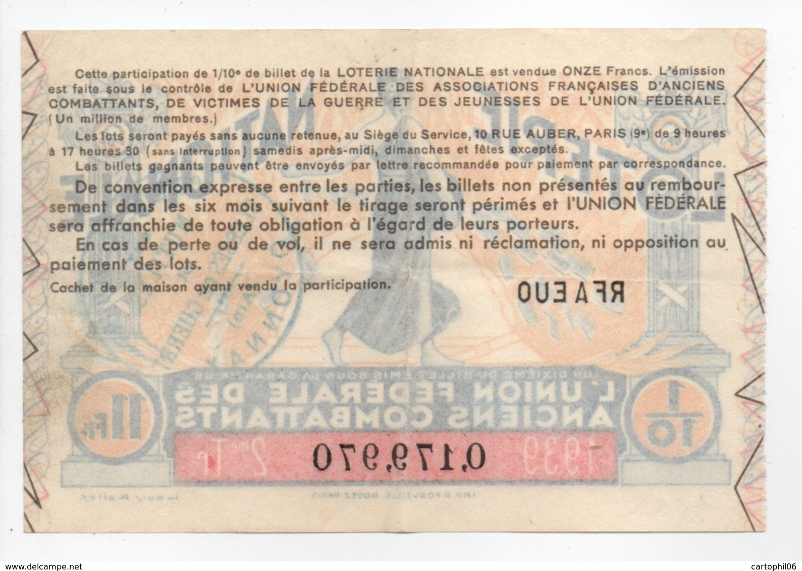 - BILLET DE LOTERIE NATIONALE 1939 - 2me TRANCHE - L'UNION FÉDÉRALE DES ANCIENS COMBATTANTS - - Loterijbiljetten