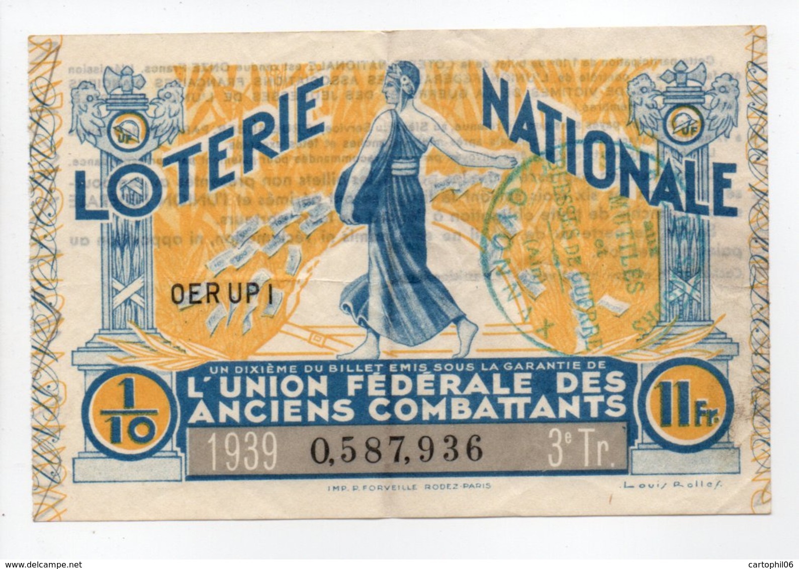 - BILLET DE LOTERIE NATIONALE 1939 - 3e TRANCHE - L'UNION FÉDÉRALE DES ANCIENS COMBATTANTS - - Billets De Loterie