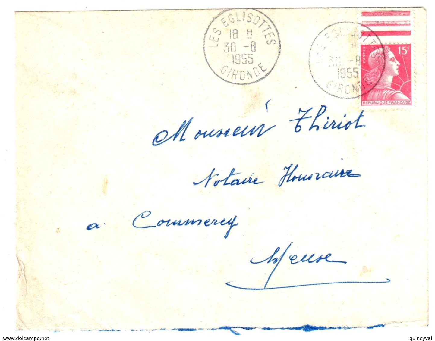 LES EGLISOTTES Gironde Lettre 15 F Muller Rouge Yv 1011 Bord De Feuille Ob 1955 - Briefe U. Dokumente