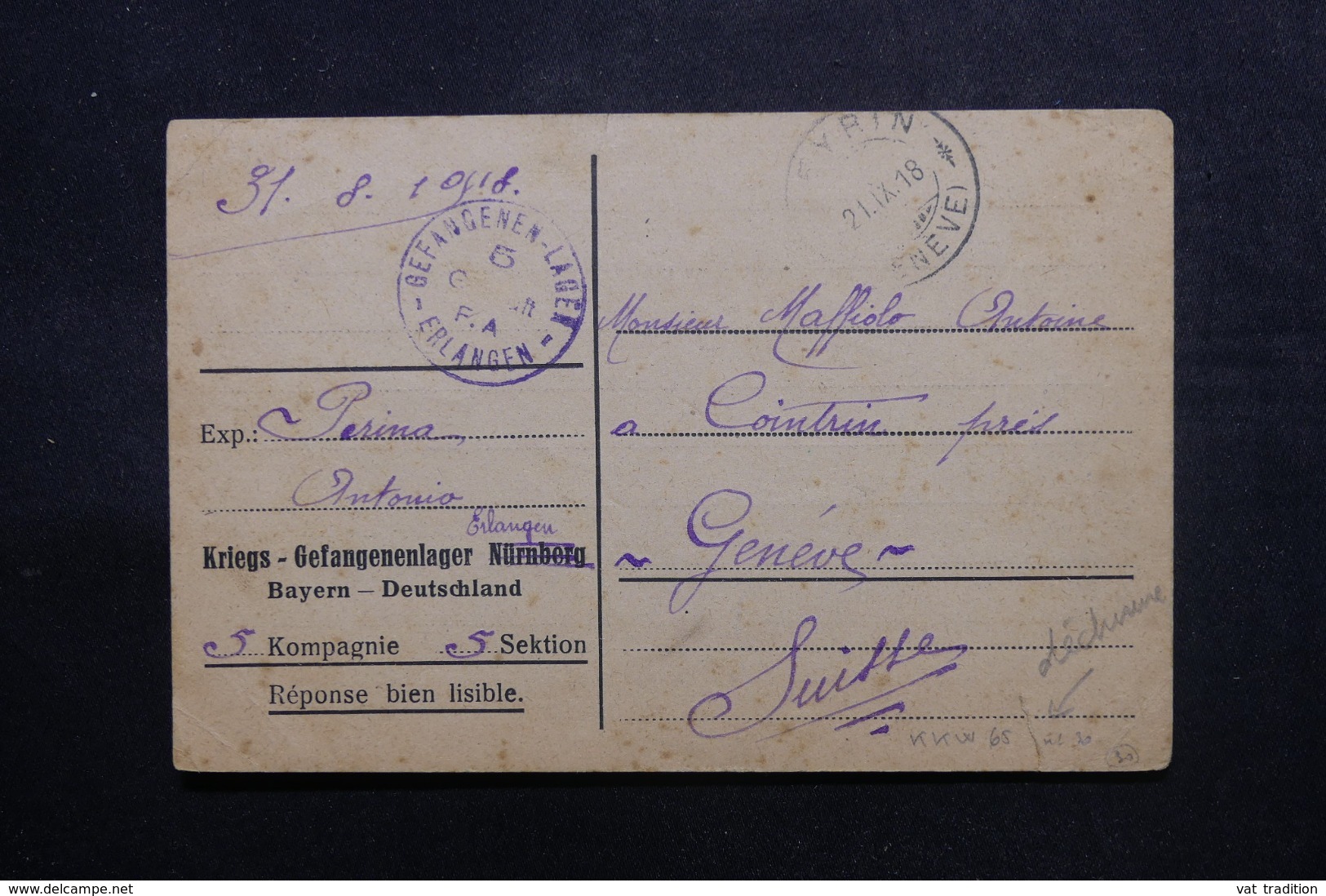 ALLEMAGNE - Carte De Correspondance De Prisonnier De Guerre à Erlangen Pour Genève En 1918 - L 47461 - Briefe U. Dokumente