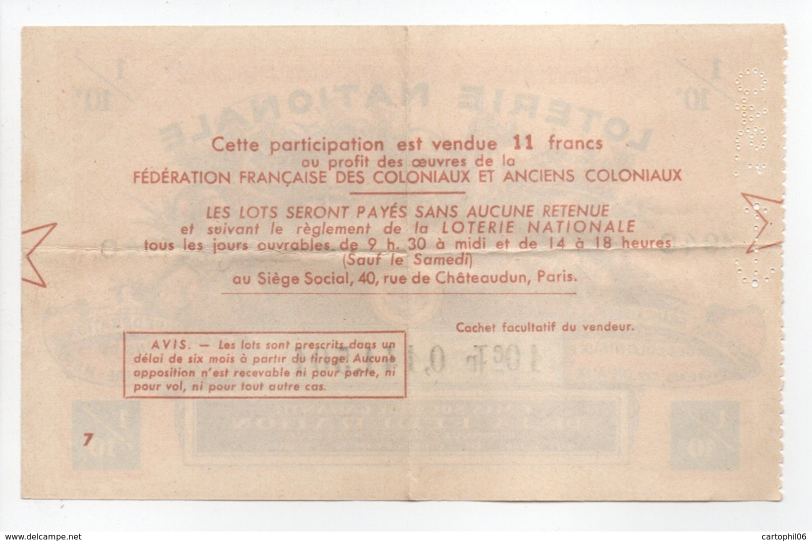 - BILLET DE LOTERIE NATIONALE 1940 - ANCIENS COMBATTANTS COLONIAUX - - Loterijbiljetten