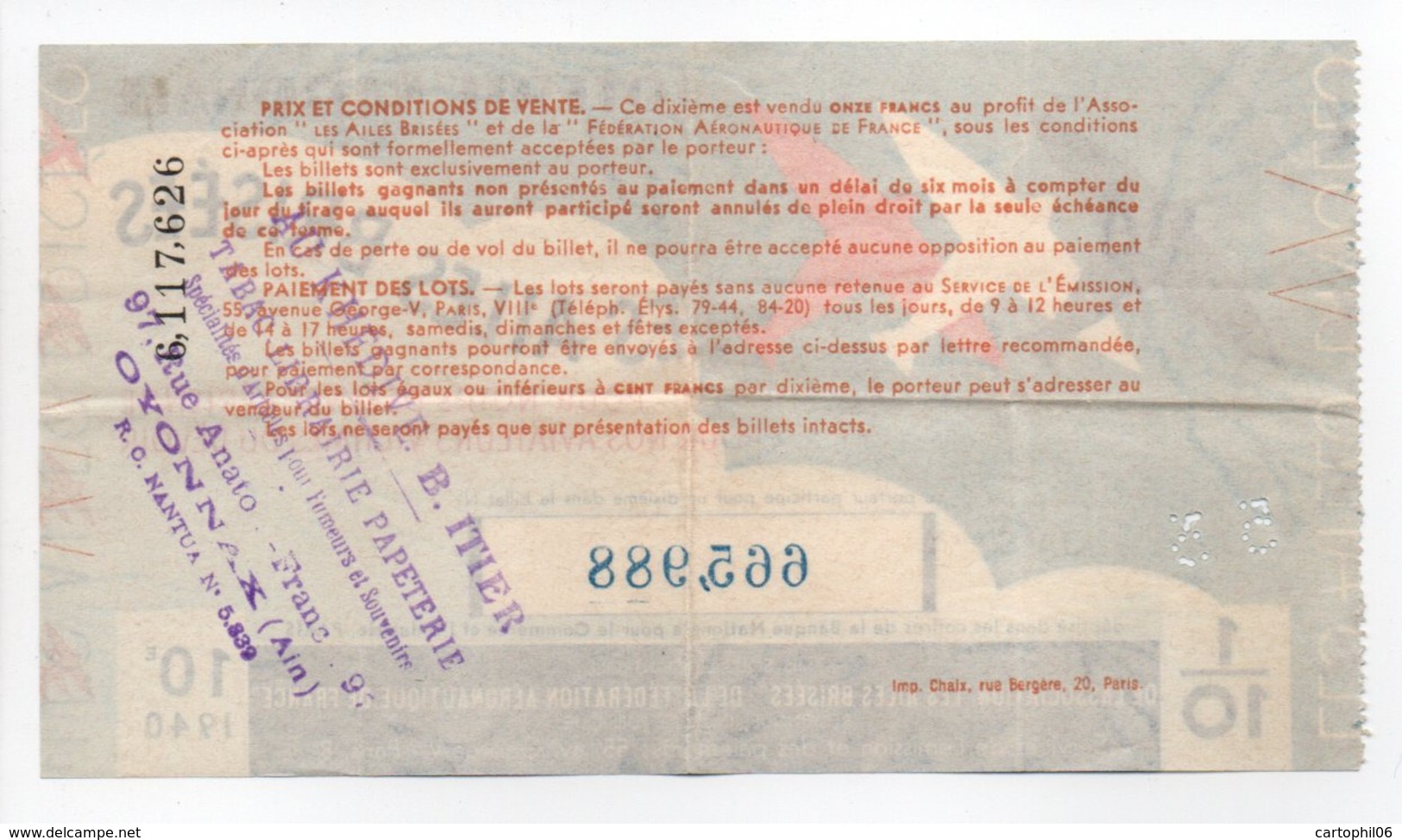 - BILLET DE LOTERIE NATIONALE 1940 - 10e TRANCHE - LES AILES BRISÉES - - Loterijbiljetten