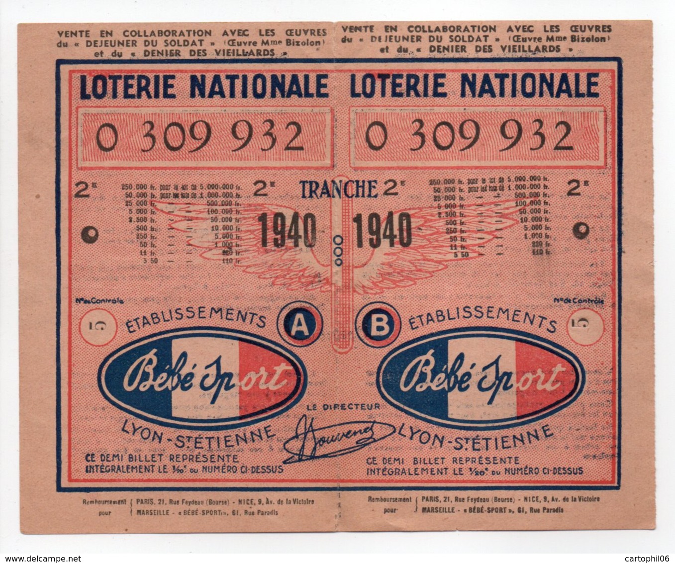 - BILLET DE LOTERIE NATIONALE 1940 - 2e TRANCHE - ETABLISSEMENTS Bébé Sport - - Loterijbiljetten