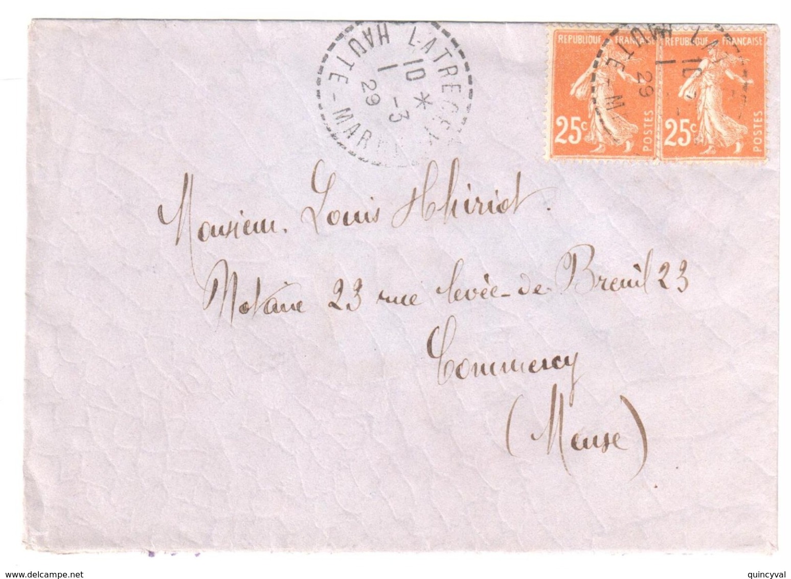 LATRECEY Haute Marne Lettre 25c Semeuse Yv 235 Ob 1929 Cercle Pointillé Recette Distribution Lautier B4 - Lettres & Documents