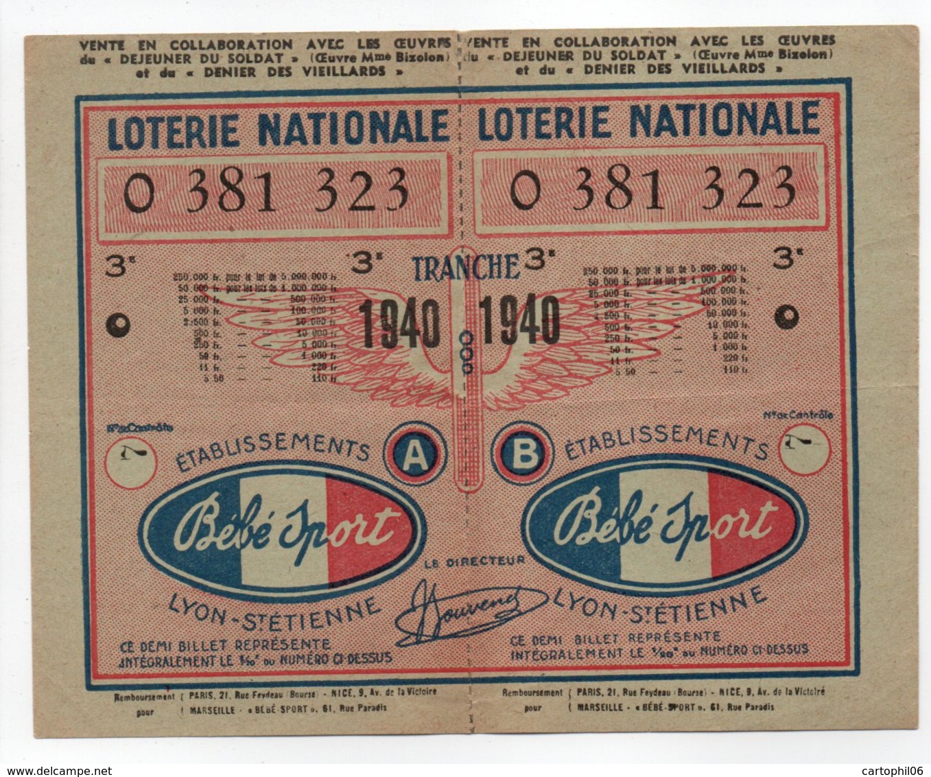 - BILLET DE LOTERIE NATIONALE 1940 - 3e TRANCHE - ETABLISSEMENTS Bébé Sport - - Loterijbiljetten