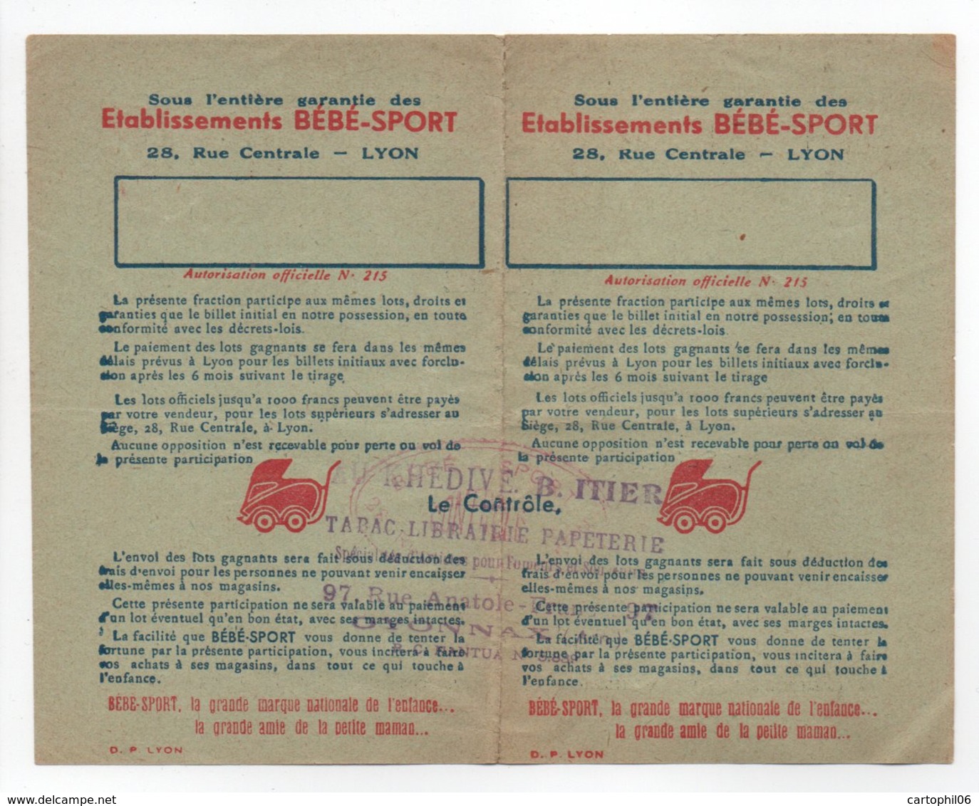 - BILLET DE LOTERIE NATIONALE 1940 - 3e TRANCHE - ETABLISSEMENTS Bébé Sport - - Loterijbiljetten