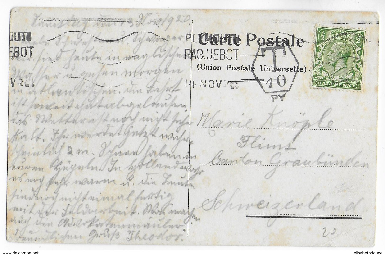 1920 - MARITIME - CP TAXEE Du PAQUEBOT RIJNDAM LIGNE ROTTERDAM à NEW YORK - MECA De PAQUEBOT PLYMOUTH => FLIMS (SUISSE) - Postal History