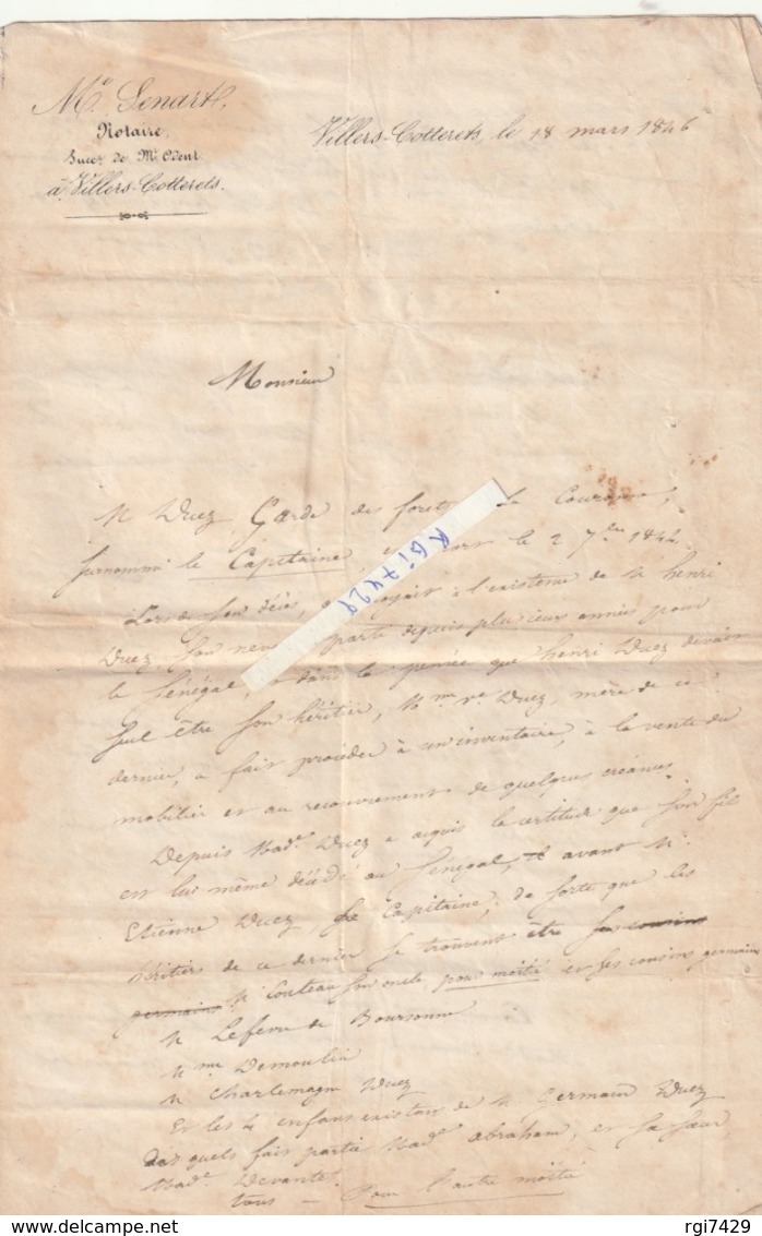 Villers - Cotterets---aisne----02-famille W(d)uez--garde Foret De La Couronne--lettre Notaire M Senart----18 Mars 1846 - Non Classés