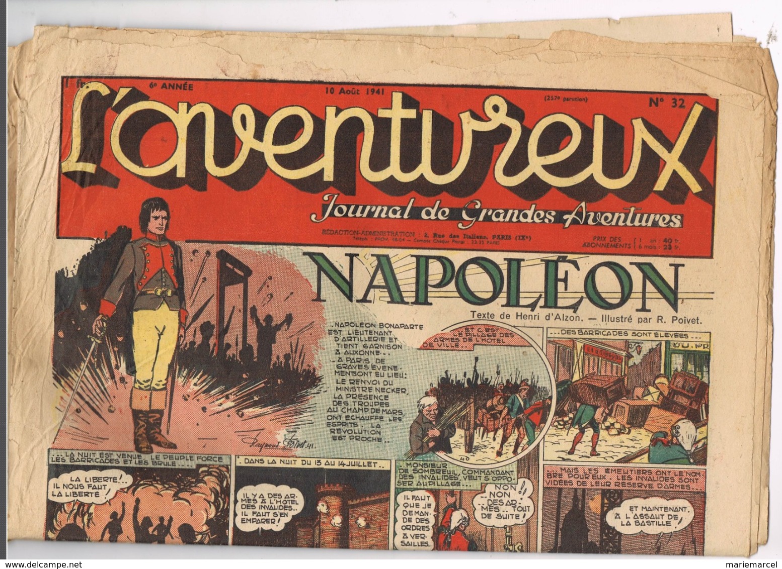 L'AVENTUREUX. JOURNAL DE GRANDES AVENTURES.  NAPOLEON. 10 AOUT 1941. N° 32. - Andere & Zonder Classificatie