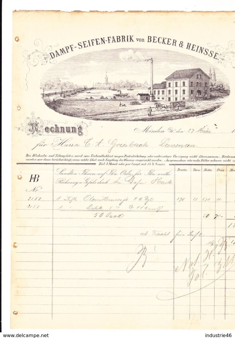 Minden 1884, Rechnung Dampf-Seifen-Fabrik Becker & Heinsse, Hübsche Fabrikansicht Mit Weserbrücke U. Schiffen - Sonstige & Ohne Zuordnung