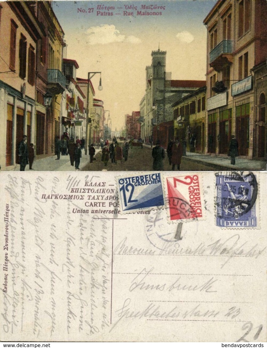 Greece, PATRAS PATRA Πάτρα, Rue Maisonos (1925) Mixed Franking Austria - Griekenland