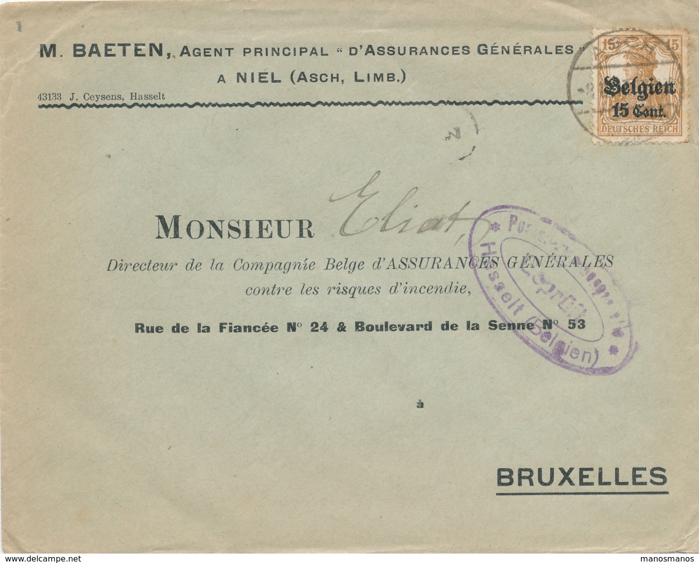 523/30 -- Province Du LIMBOURG - Enveloppe TP Germania ASCH - Censure HASSELT - Agent D' Assurances Baeten à NIEL - OC1/25 General Government