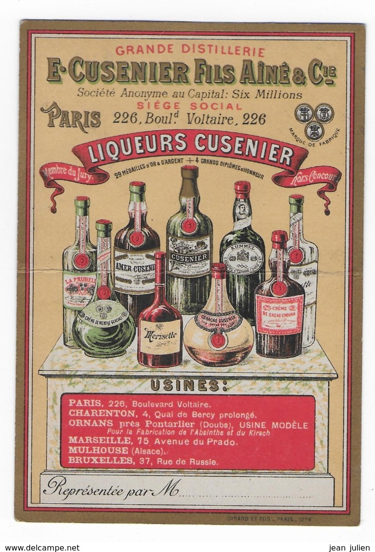 CUSENIER  - DISTILLERIE  - LIQUEURS - Carte Commerciale  Cartonnée - 8,5 X 12,5cm - Other & Unclassified