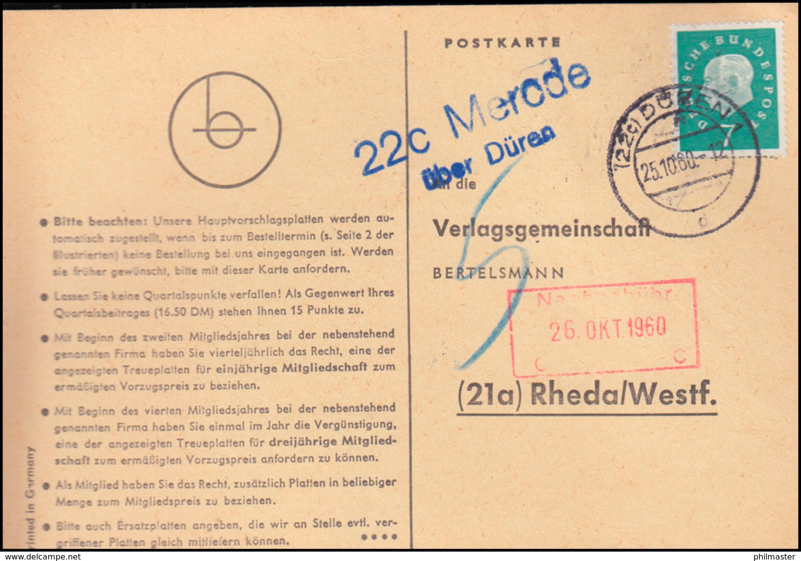 Landpost Merode über DÜREN 25.10.1960 Auf Postkarte Nach Rheda/Westf. - Sonstige & Ohne Zuordnung