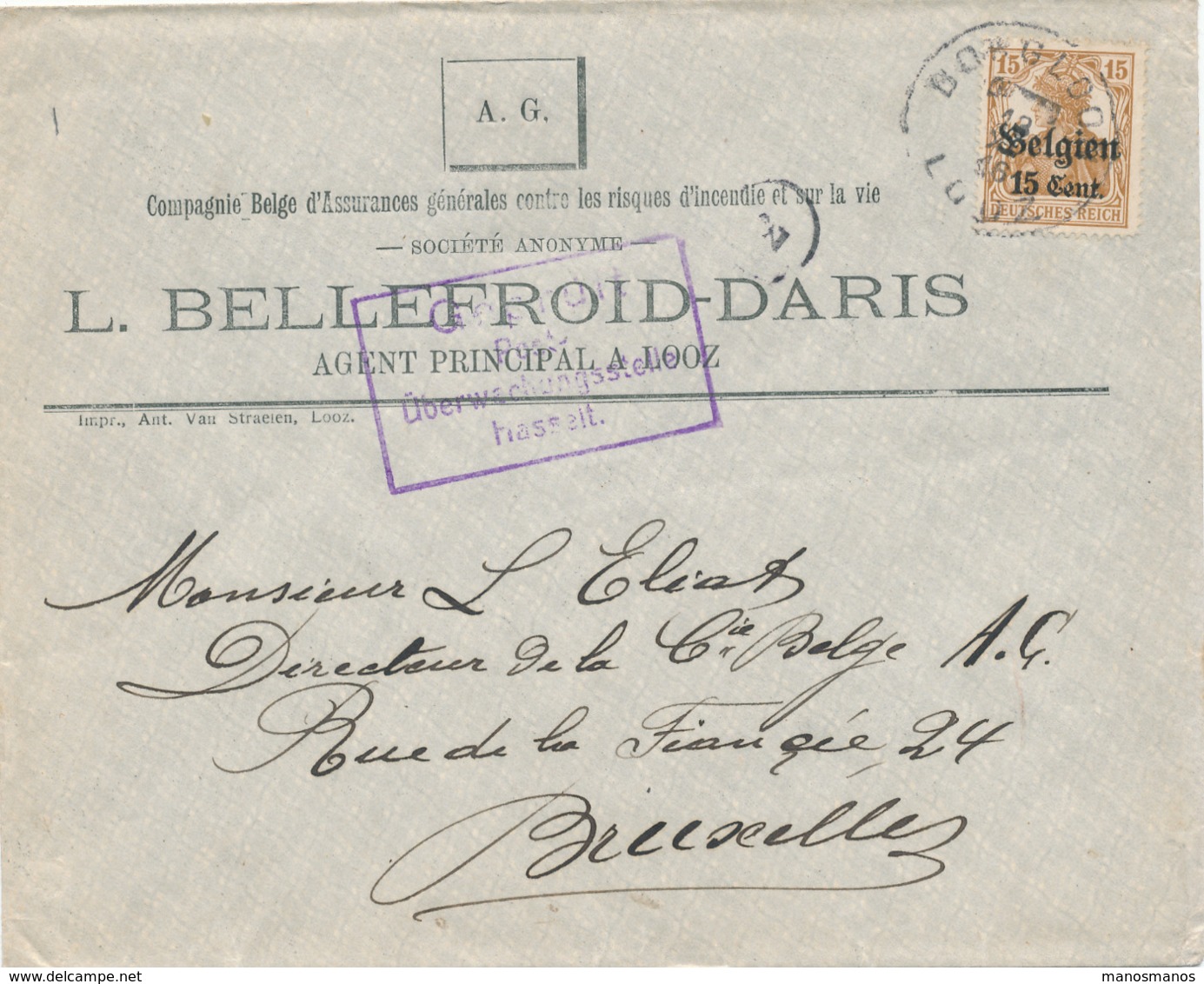 527/30 -- Province Du LIMBOURG - Enveloppe TP Germania BORGLOON LOOZ 1916 - Censure HASSELT - Entete Bellefroid , Assur. - OC1/25 General Government