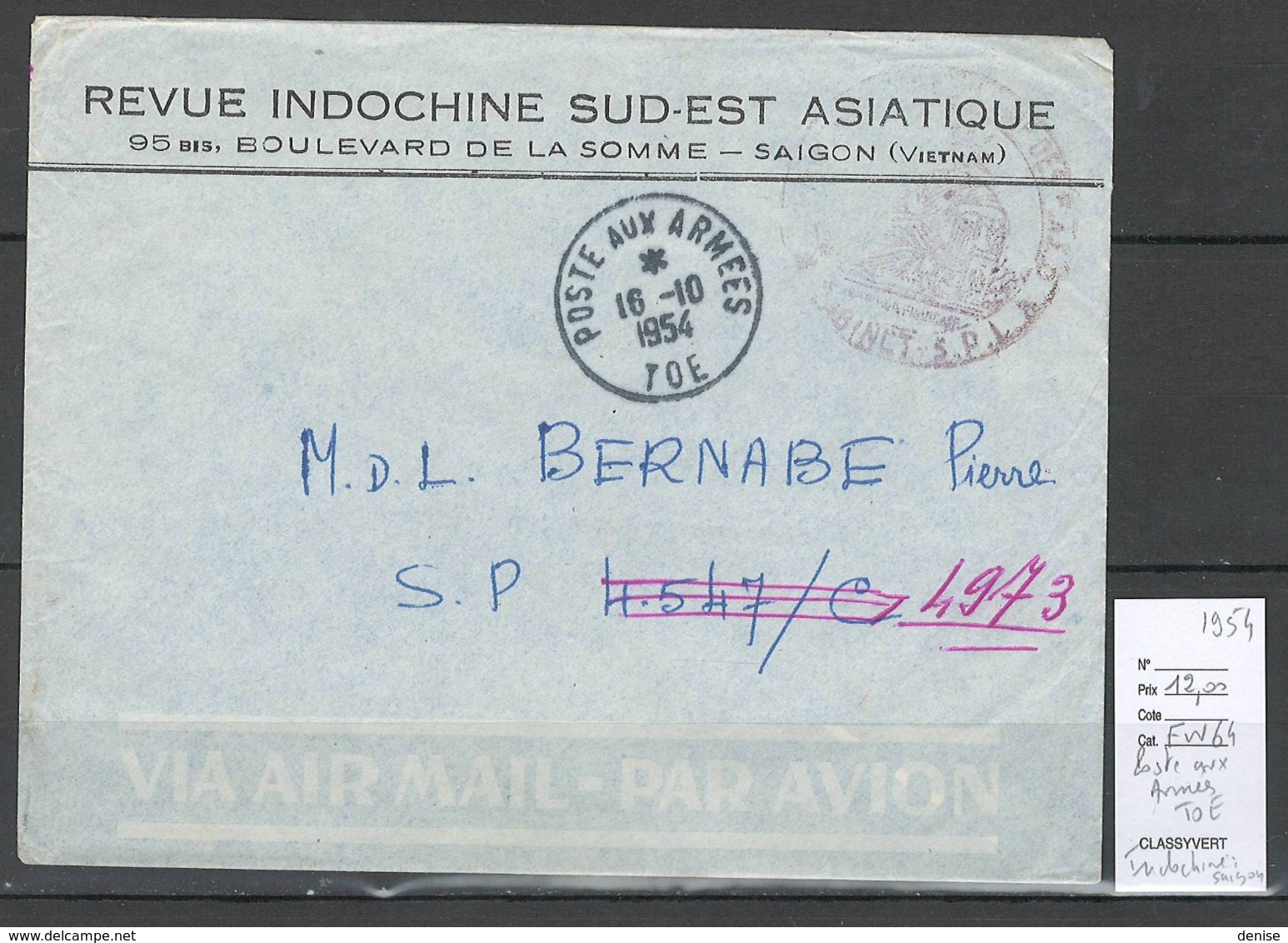 Guerre D' Indochine - Viet Nam - Saigon - Cachet Poste Aux Armées - TOE 1954 - Guerre D'Indochine / Viêt-Nam