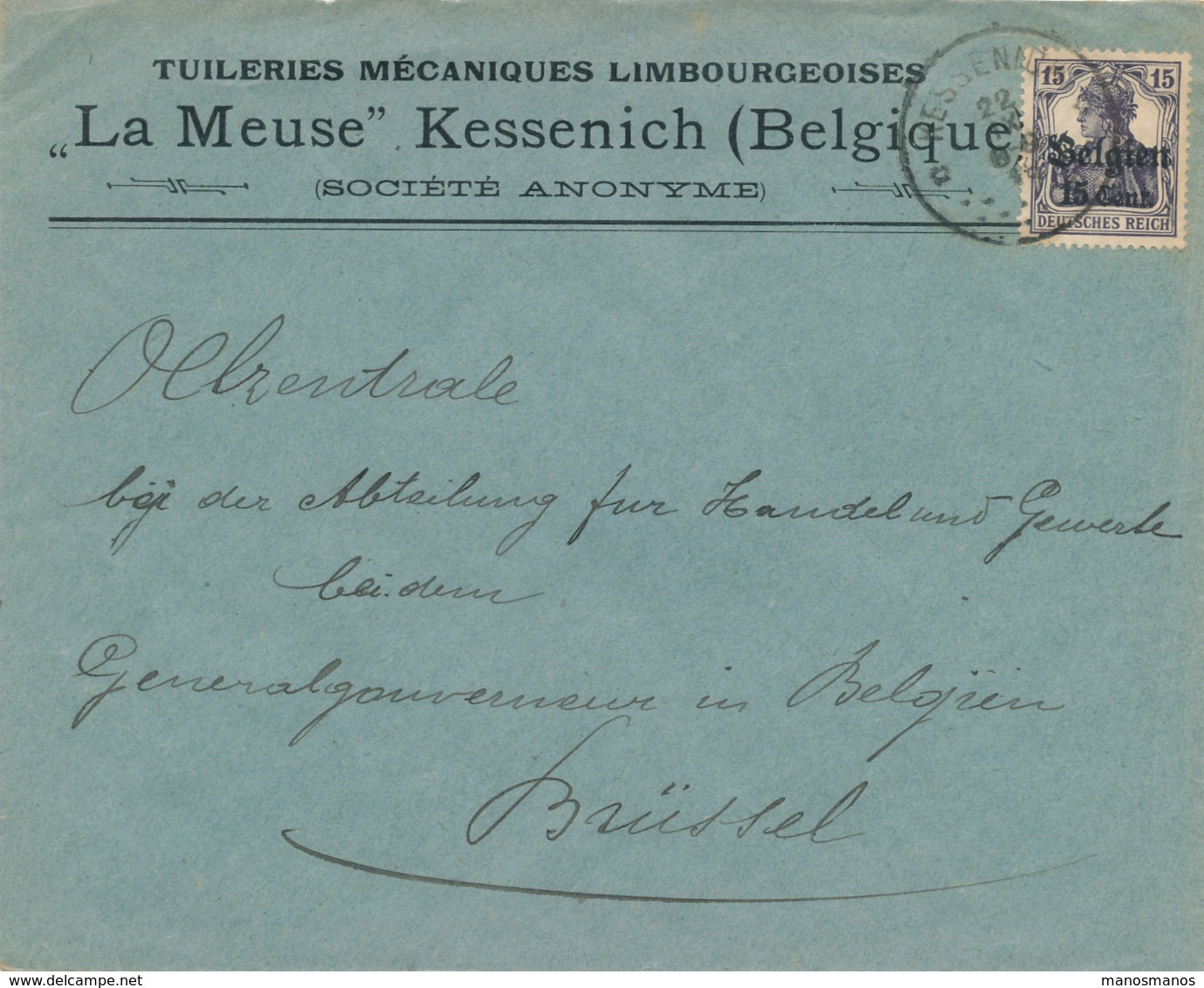 535/30 -- Province Du LIMBOURG - Enveloppe TP Germania KESSENICH - Censure HASSELT - Tuileries Mécaniques  "La Meuse" - OC1/25 Gouvernement Général