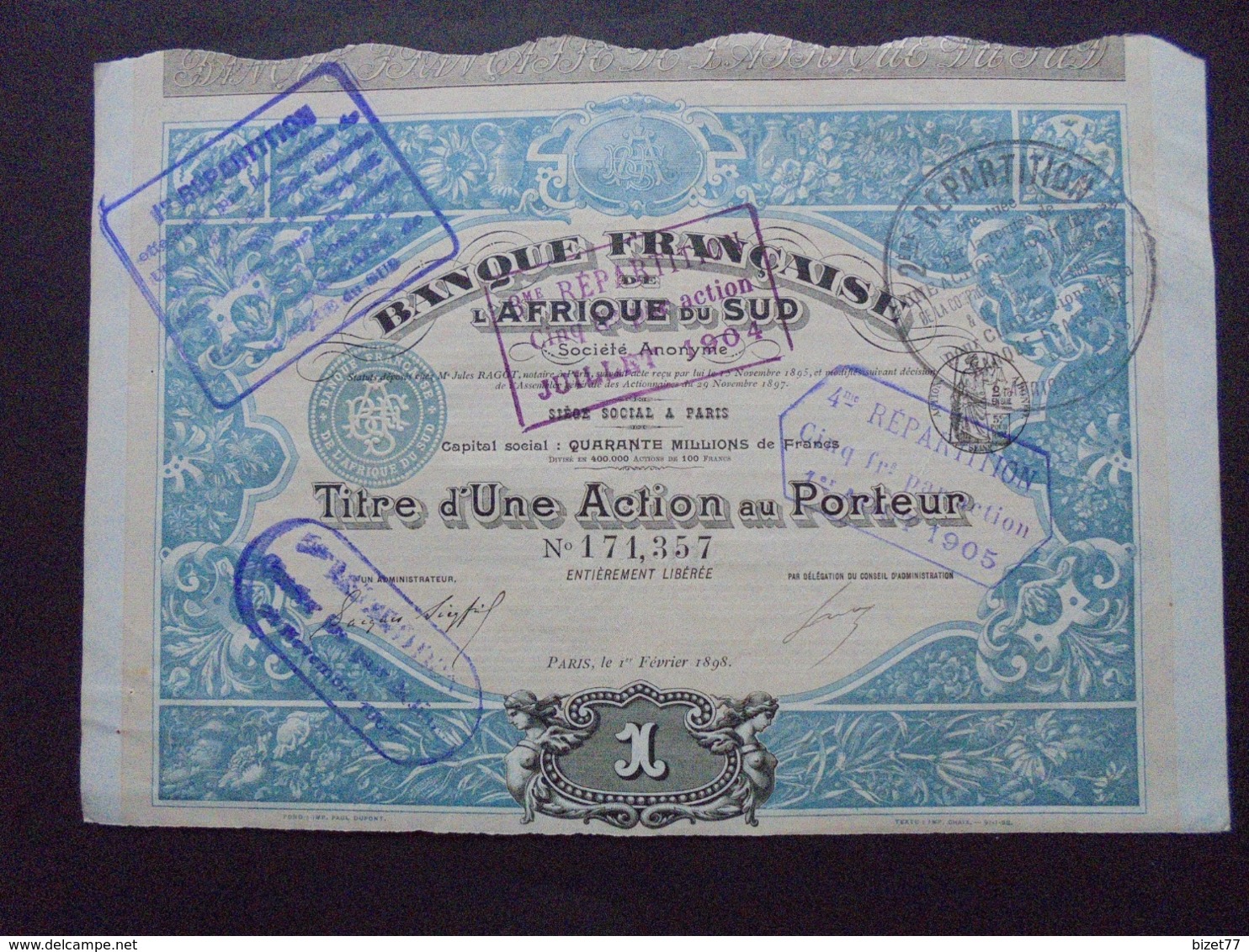 AFRIQUE DU SUD - PARIS 1898 - BANQUE FRANCAISE D'AFRIQUE DU SUD - ACTION DE 100 FRS - BELLE FRISE - Altri & Non Classificati