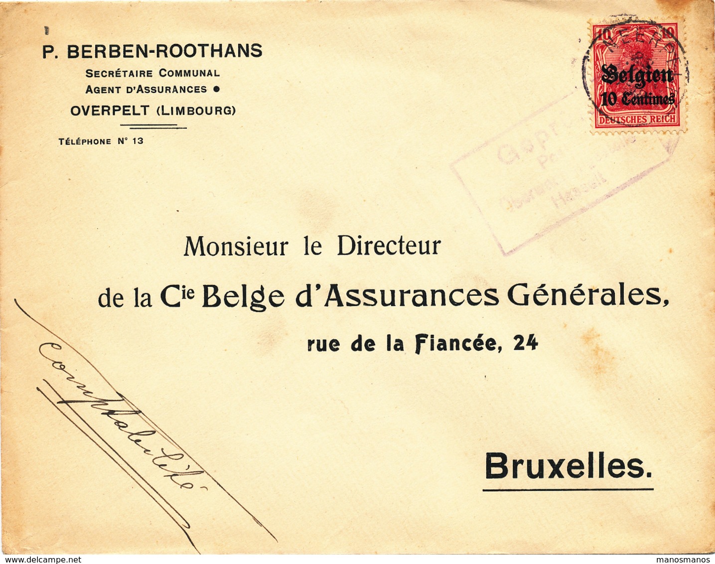 538/30 -- Province Du LIMBOURG - Enveloppe TP Germania NEERPELT - Censure HASSELT - Expéd. Berben, Assurances à OVERPELT - OC1/25 General Government