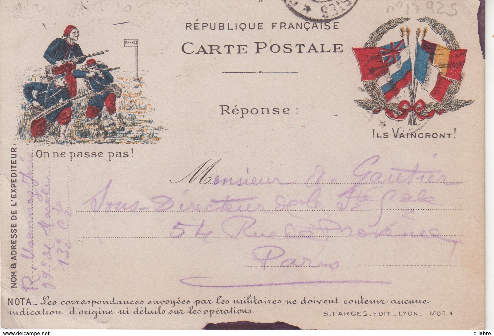 FRANCE : CP REPONSE . " ON NE PASSE PAS " . 11/03/1915 . - WW I