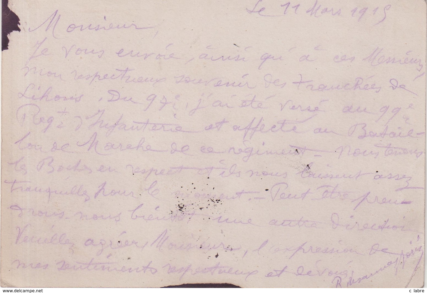 FRANCE : CP REPONSE . " ON NE PASSE PAS " . 11/03/1915 . - WW I