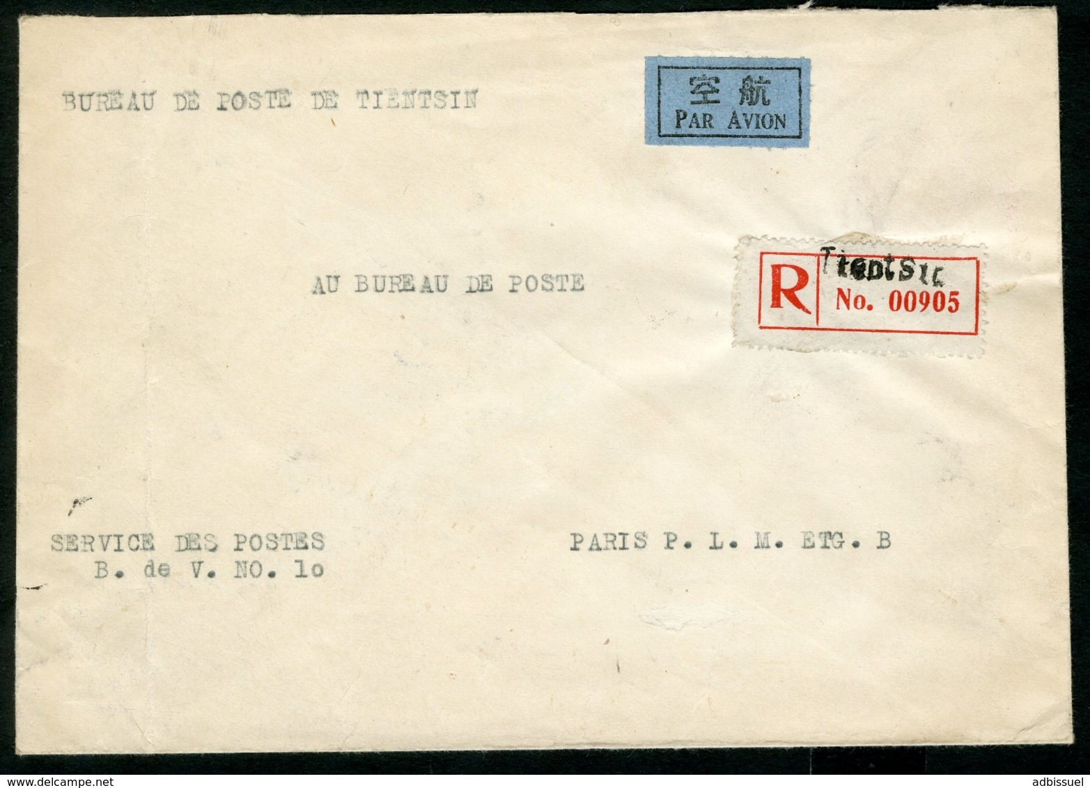 FRANK REGISTERED AIR MAIL To France. Cover Of Tientsin Post Office, Adressed To The Post Office Of Paris - Storia Postale