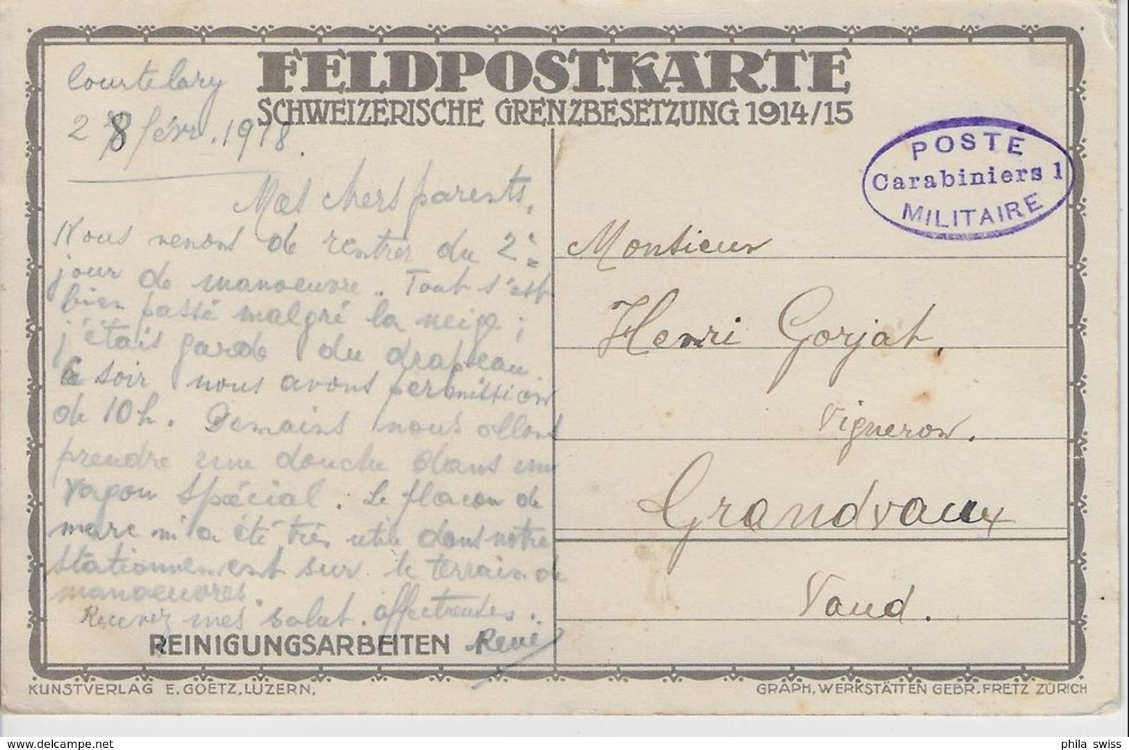 Feldpostkarte - Reinigungsarbeiten Schweizerische Grenzbesetzung 1914/15 - Armee Suisse - Risch-Rotkreuz