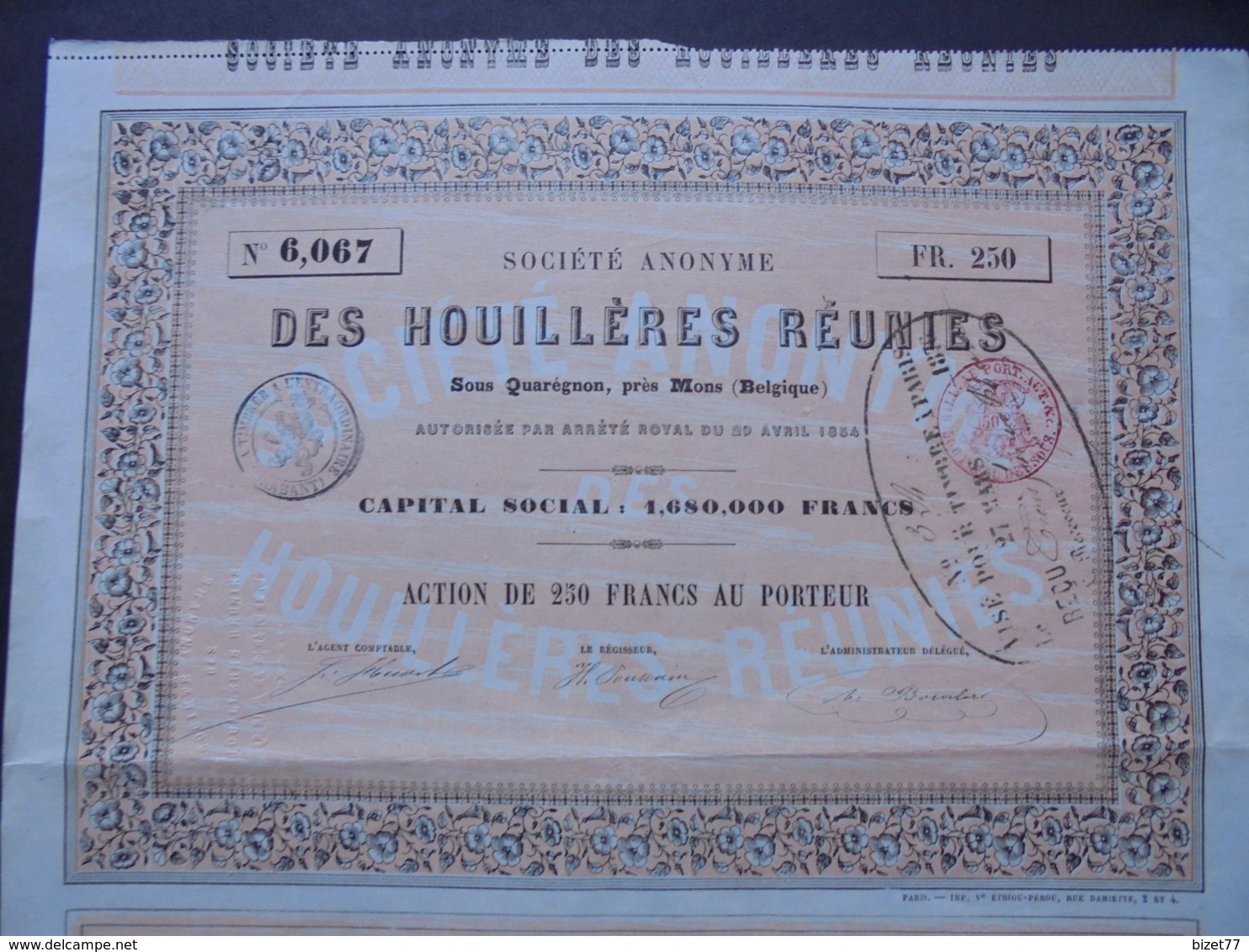 BELGIQUE - QUAREGNON PRES MONS 1854 - SA DES HOUILLERES REUNIES - ACTION DE 250 FRS - Andere & Zonder Classificatie