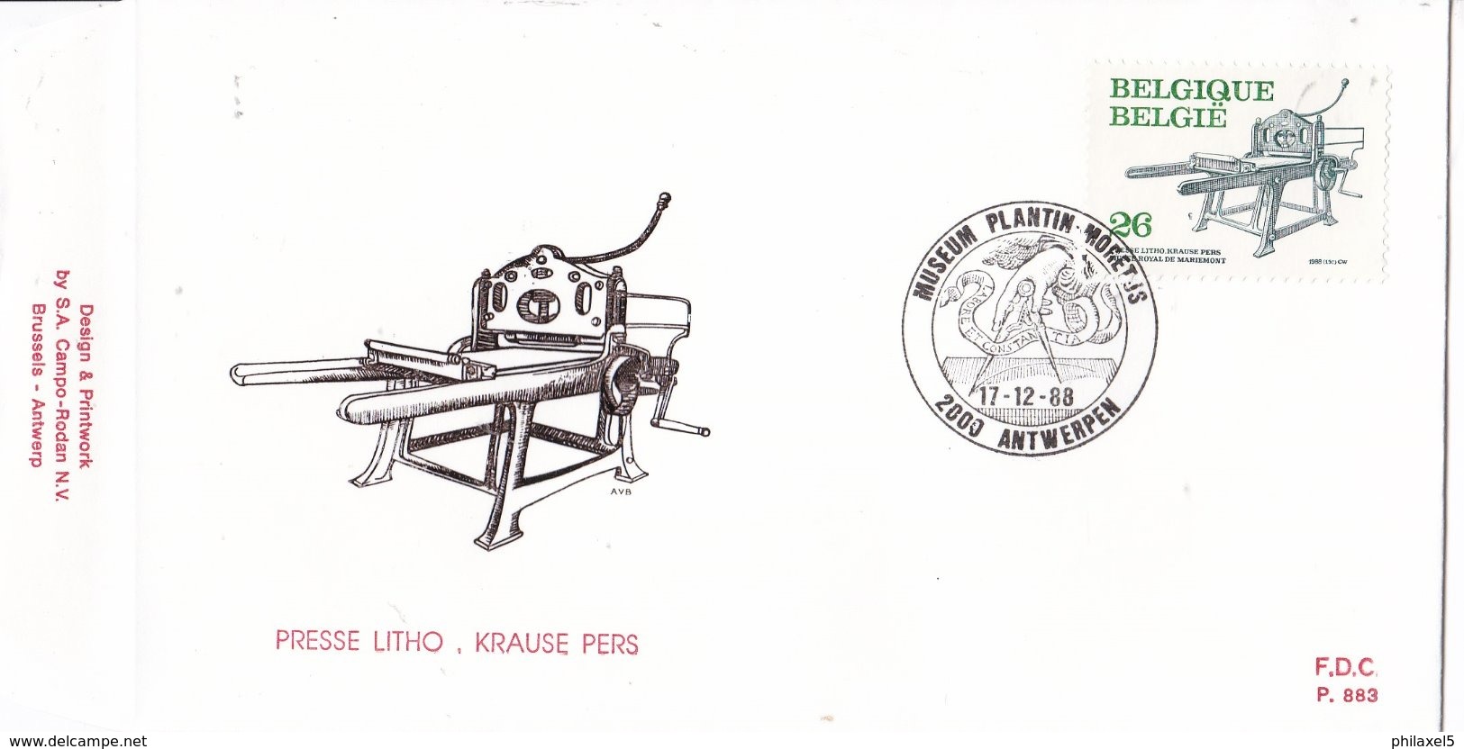 België - FDC 883 - 17 December 1988 - Boekdrukkunst - Lithografische Pers Krause - OBP 2311 - 1981-1990