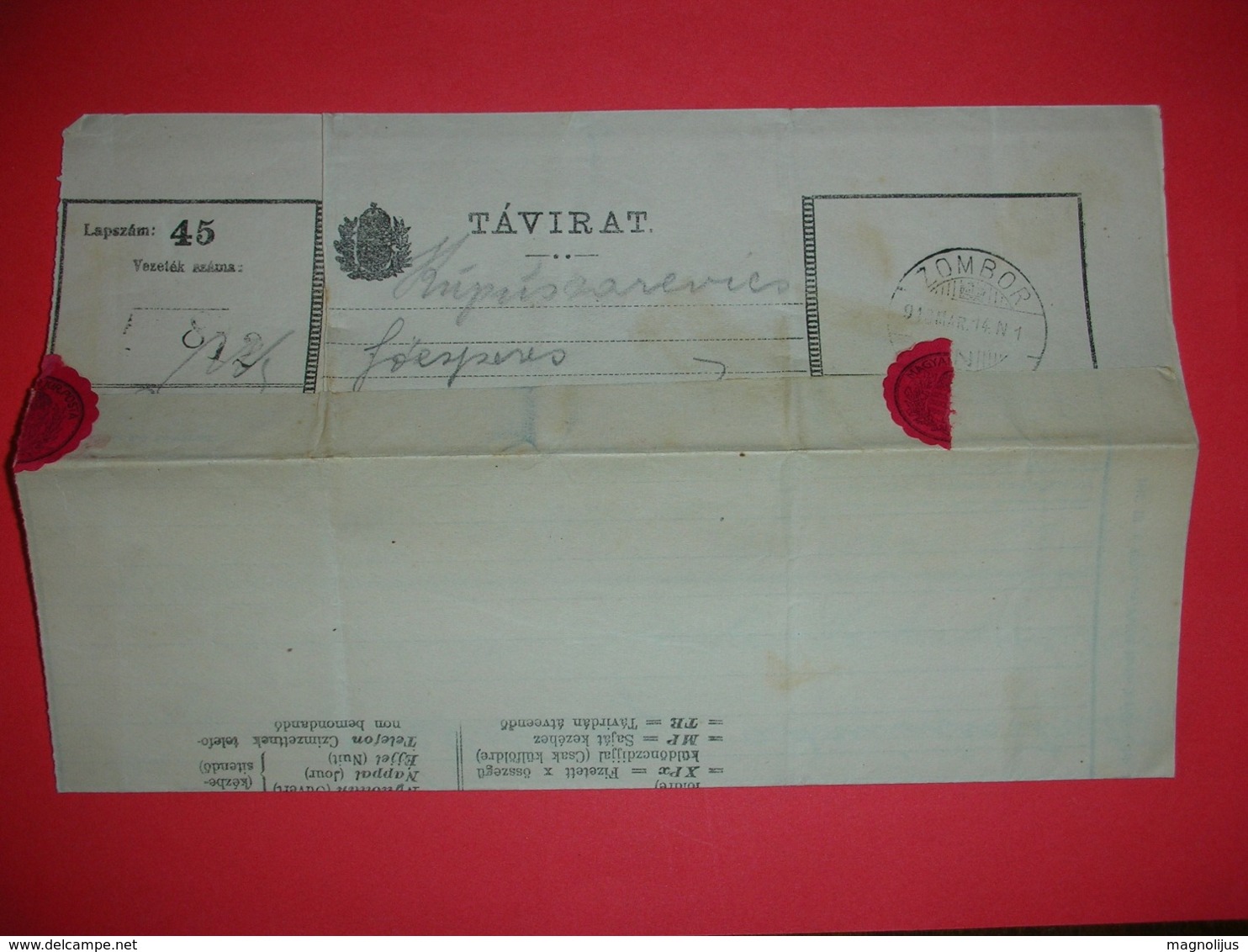 Hungary Kingdom Post,telegraph Sheet,tavirat,postal Cablegram,Sombor Stamp,history Document,red Labels-stickers,vintage - Telegraaf