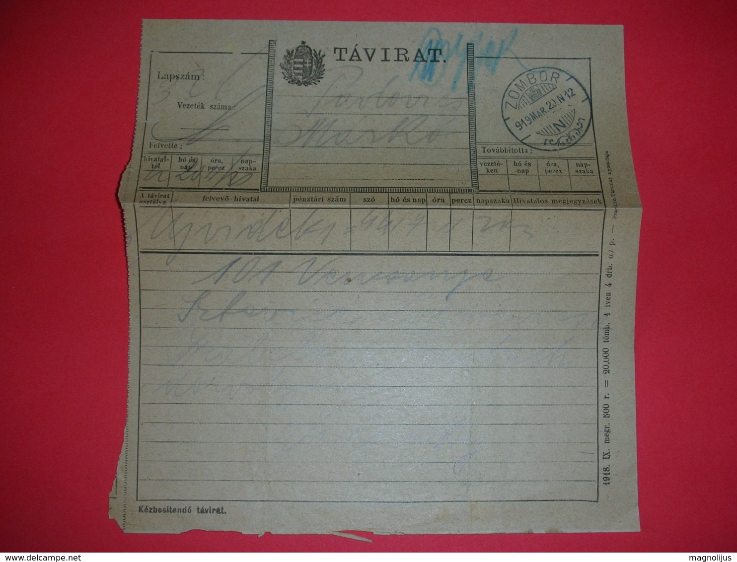 Hungary Kingdom Post,telegraph Sheet,tavirat,postal Cablegram,Sombor Stamp,history Document,vintage - Télégraphes