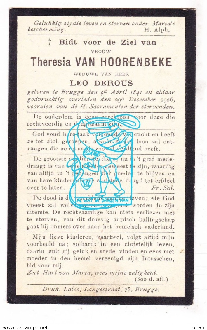 DP Theresia Van Hoorenbeke ° Brugge 1841 † 1926 X Leo Derous - Imágenes Religiosas