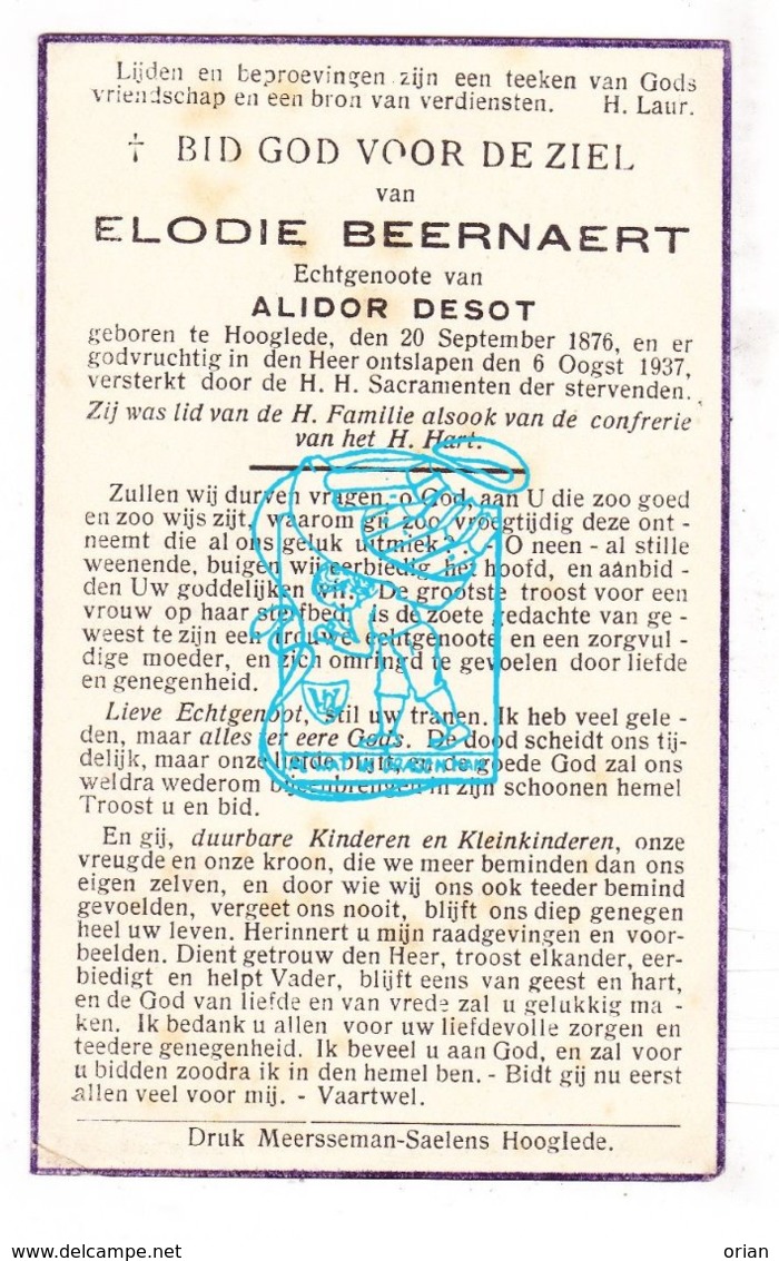 DP Elodie Beernaert ° Hooglede 1876 † 1937 X Alidor Desot - Devotieprenten