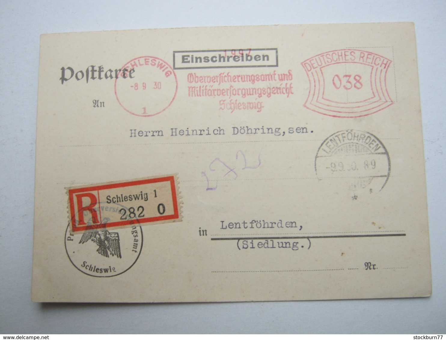 Firmen Freistempel , Meterstempel Auf Beleg Aus Schleswig 1930 , Als Einschreiben - Briefe U. Dokumente