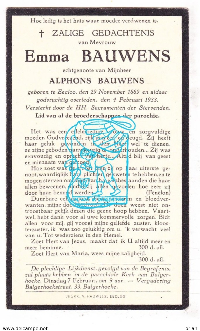 DP Emma Bauwens ° Eeklo 1889 † 1933 X Alphons Bauwens / Begr. Balgerhoeke - Images Religieuses