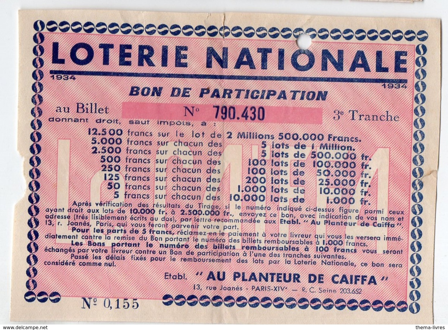 Loterie Nationale : Bon De Participation Offert Par AU PLANTEUR DE CAIFFA  1934  (PPP21122) - Loterijbiljetten