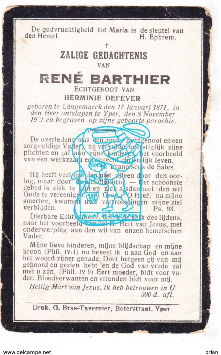 DP René Barthier Bartier ° Langemark 1871 † Ieper 1921 X Herminie Defever - Devotion Images