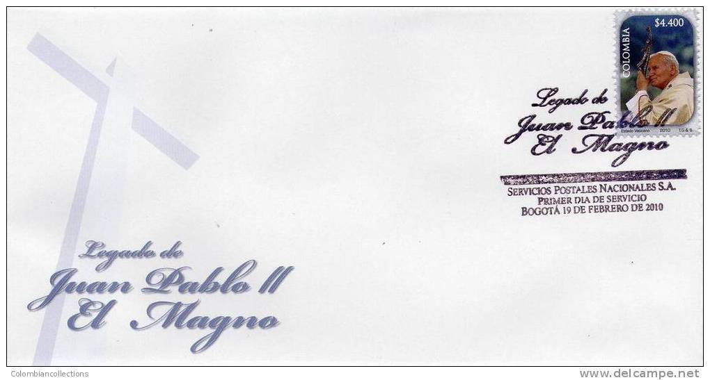 Lote 2600F, Colombia, 2010, SPD-FDC, Papa Juan Pablo II, El Magno, Pope John Paul II. - Colombie