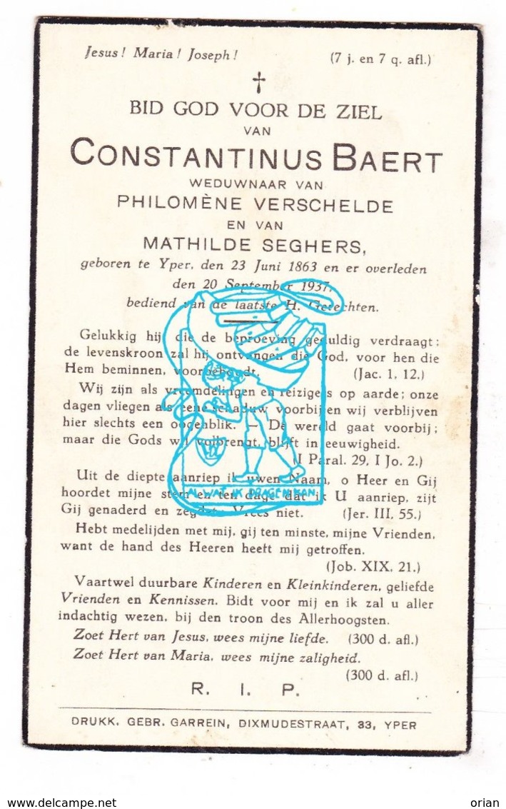 DP Constantinus Baert ° Ieper 1863 † 1937 X P. Verschelde Xx M. Seghers - Imágenes Religiosas