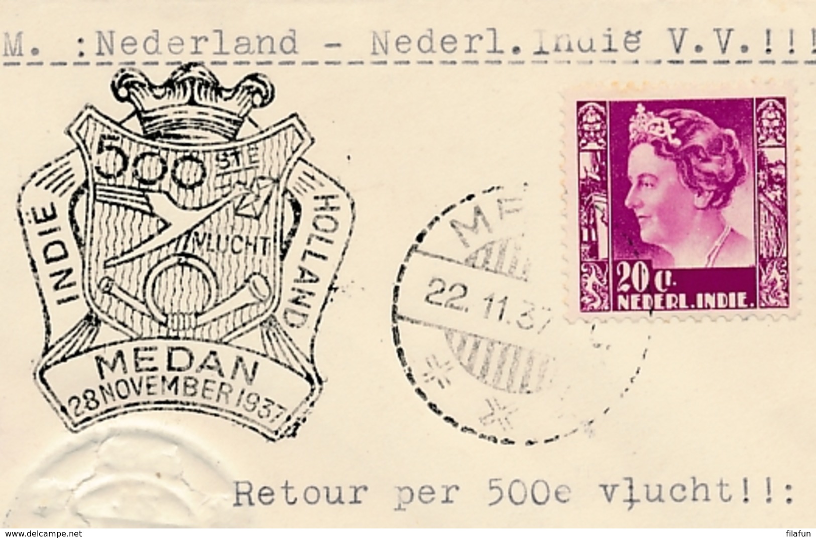 Nederlands Indië - 1937 - 500e Vlucht Van Rotterdam Naar Medan En Retour - Beide Bijzondere Stempels - Niederländisch-Indien