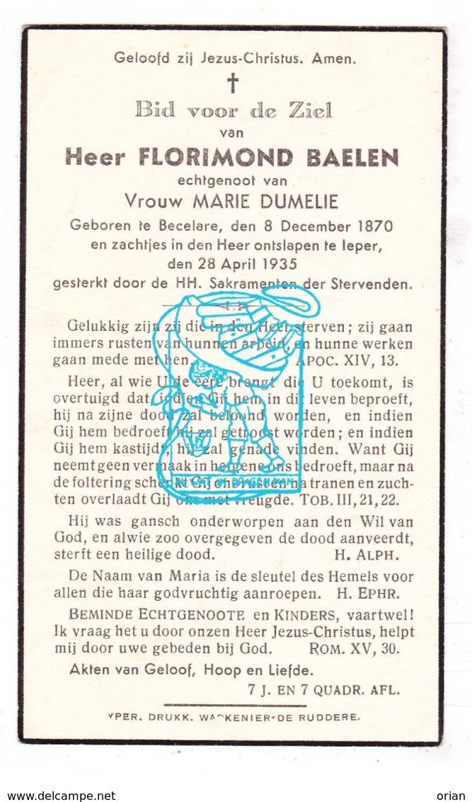 DP Florimond Baelen ° Beselare Zonnebeke 1870 † Ieper 1935 X Marie Dumelie - Imágenes Religiosas