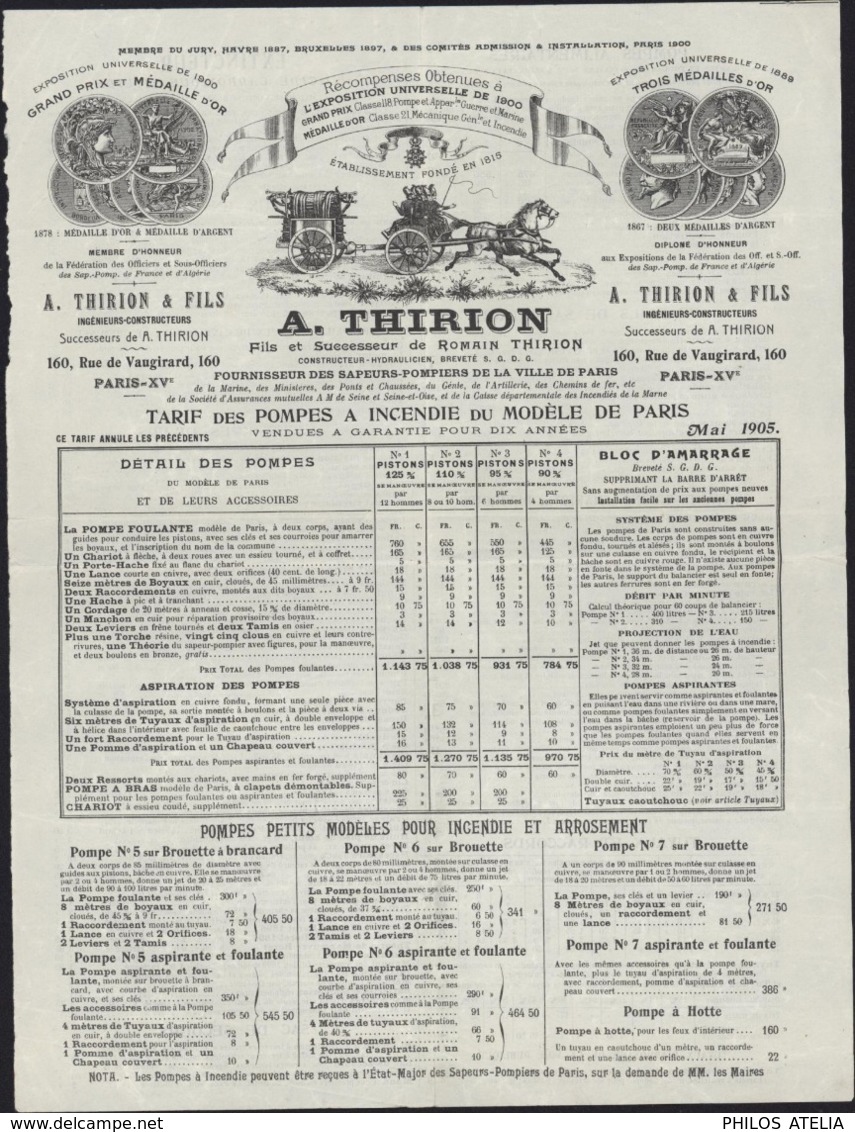 Tarif A Thirion Pompe à Incendie Et Matériel Sapeurs Pompiers Mai 1905 Superbe Entête - 1900 – 1949