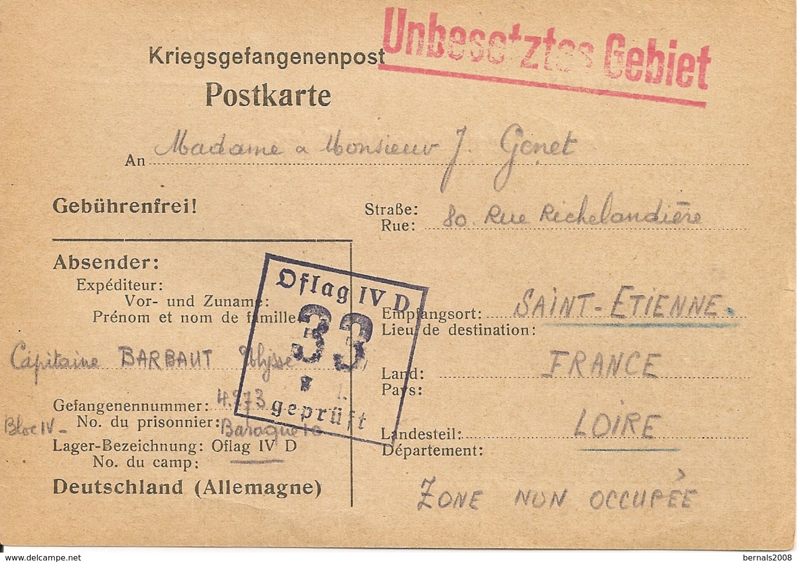 UNBESETZTES GEBIET- 1940 Prisonniers De Guerre- Destination Saint Etienne - Guerre De 1939-45