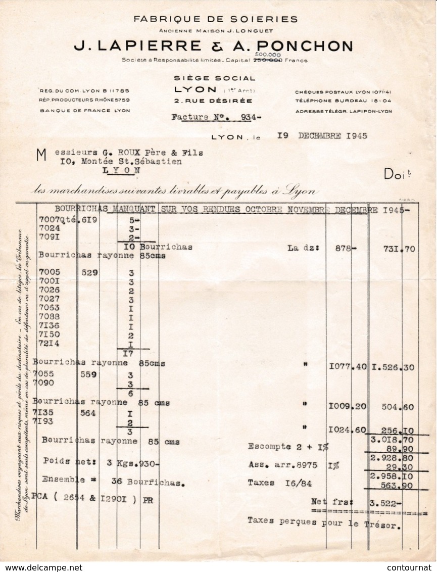 69 LYON FACTURE 1942  Fabrique De Soieries LAPIERRE & PONCHON Succ. De LONGUET  X52 Rhône - Textile & Vestimentaire