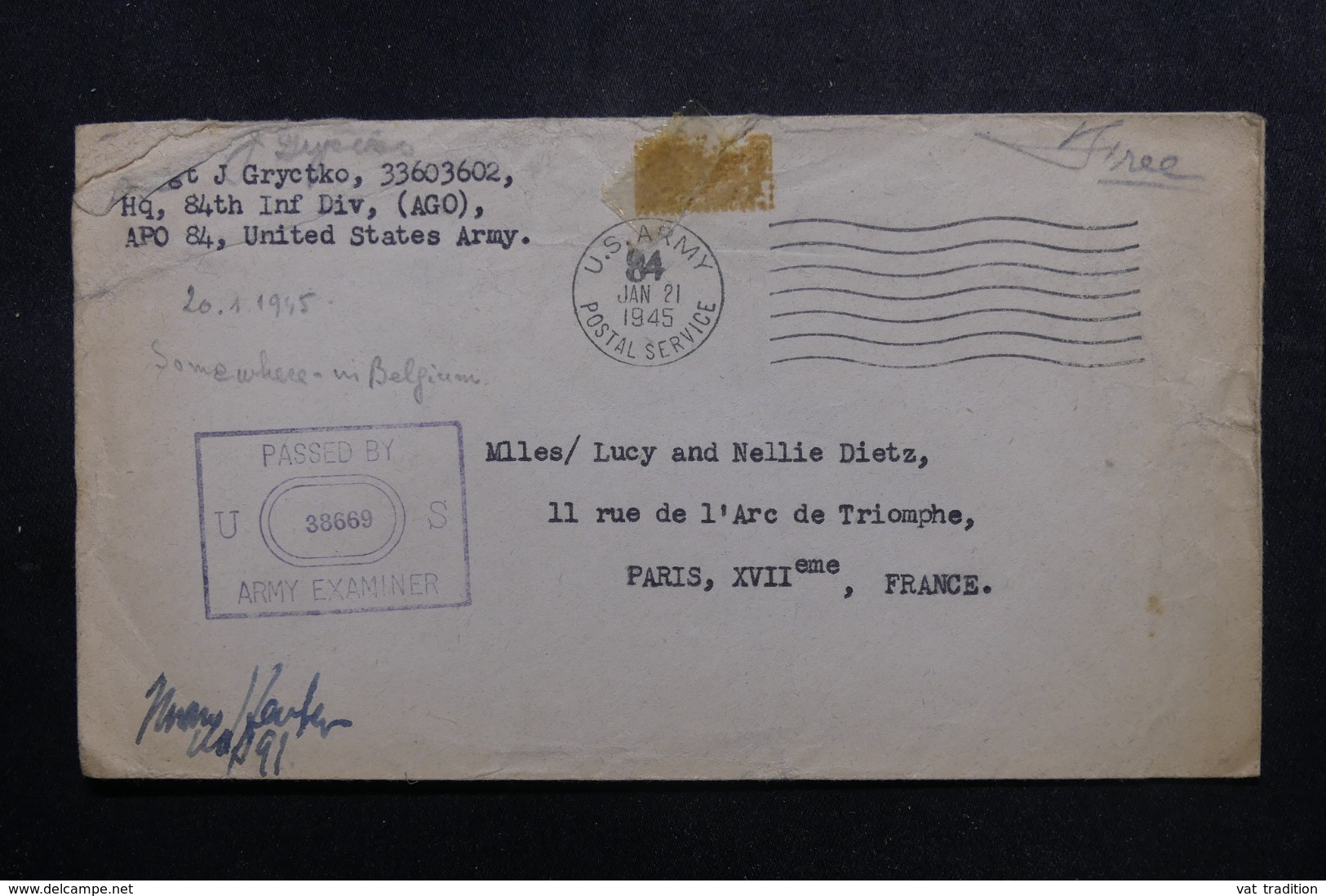 ETATS UNIS - Enveloppe En FM De  US Army Pour La France En 1945 Avec Cachet De Contrôle Postal - L 47499 - Marcofilie