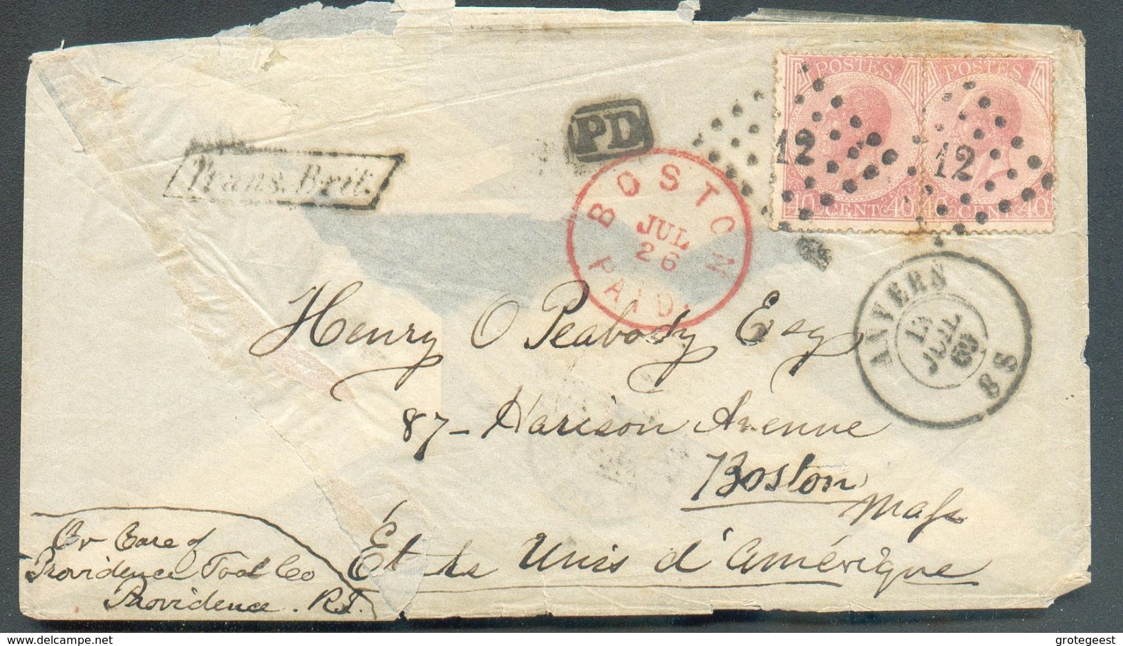 N°20(2) - 40 Centimes Rose, 2 Ex. Obl. LP.12 Sur Enveloppe D'ANVERS Le 13 Juillet 1869 Vers Boston (USA) + Griffe Trans. - 1865-1866 Profil Gauche