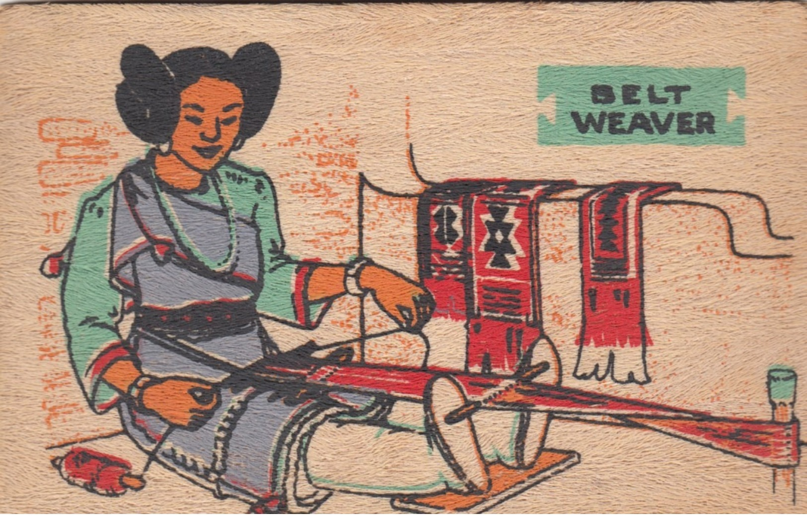 Wooden Postcard; Pueblo Indian Belt Weaver , 30-40s - Native Americans