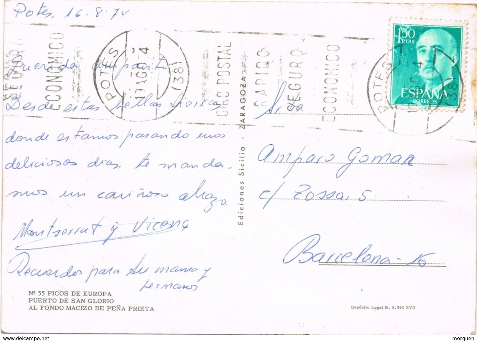 34667. Postal  POTES (Santander) Cantabria 1974. Picos De Europa, Puerto De San Glorio - Cartas & Documentos