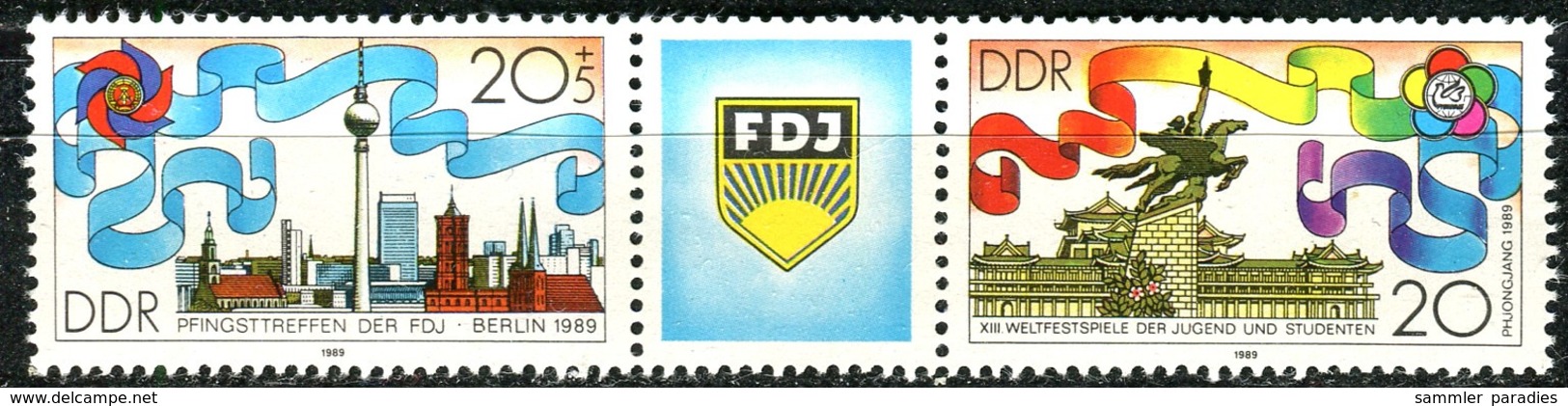 DDR - Mi 3248 / Zf / 3249 - ** Postfrisch (A) - 20/z/20+5Pf           FDJ Pfingsttreffen 89 - Nuovi