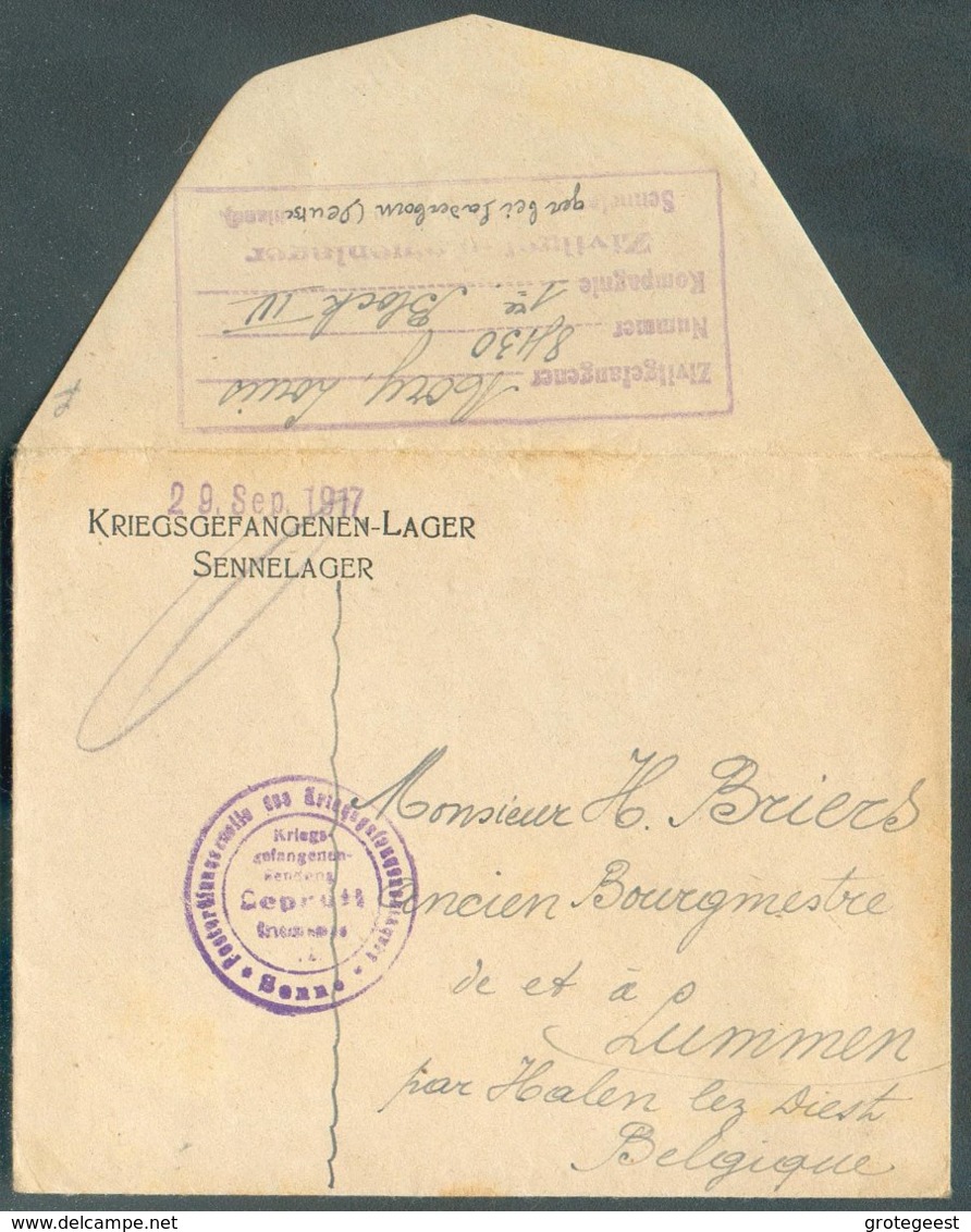 Enveloppe (griffe 'Kriegsgefangenen-Lager Sennelager 29 Sept. 1917') Envoyée Par Un Prisonnier (verso : Griffe Violette - Prisoners